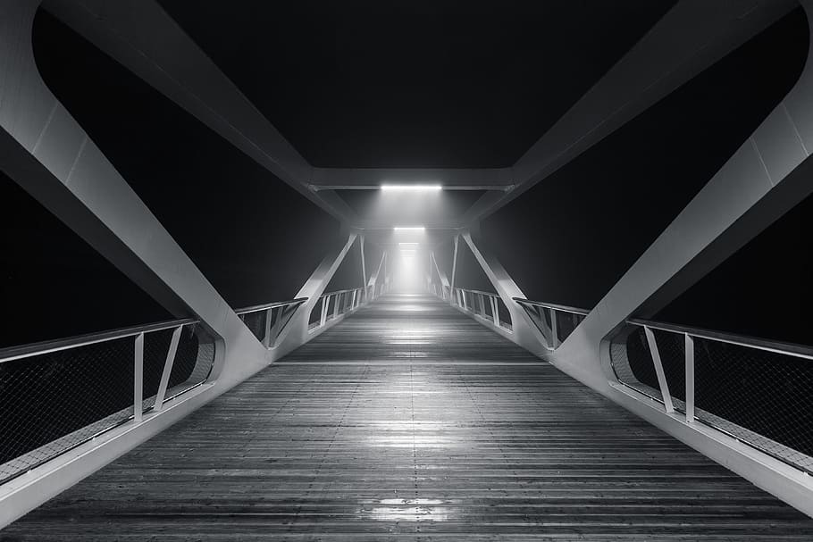 bridge, wood, architecture, lights, dark, night, evening, black and white HD wallpaper