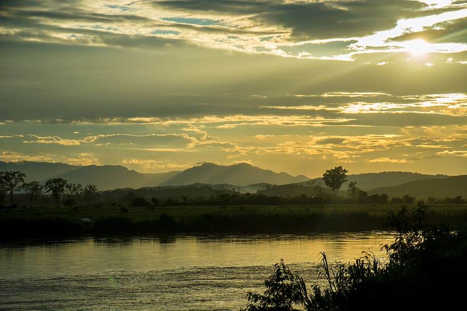 mountain, river, sunset, river side, mekong river, sky, water HD wallpaper