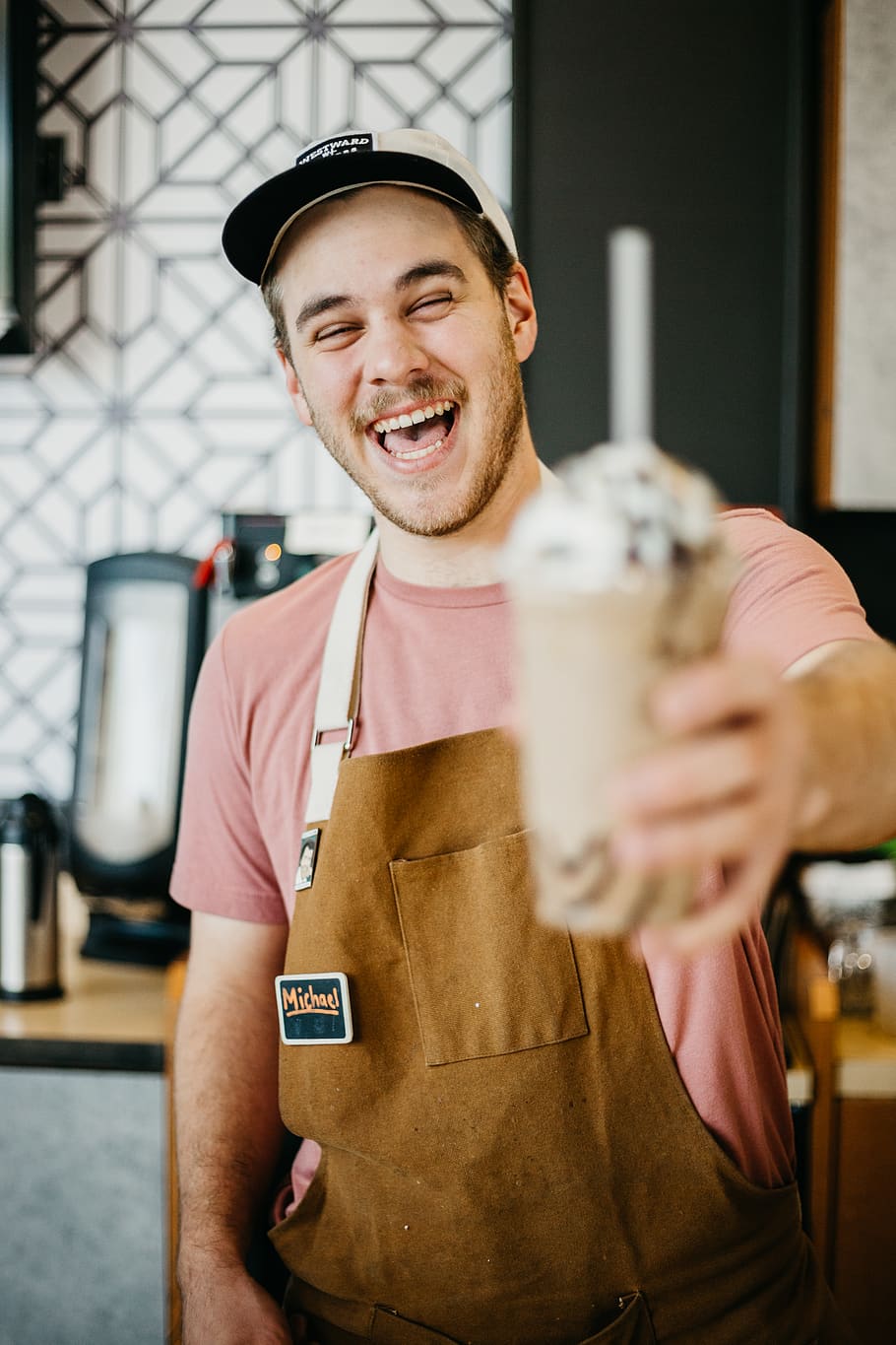 laughing man while holding ice cream cup, human, person, chef HD wallpaper