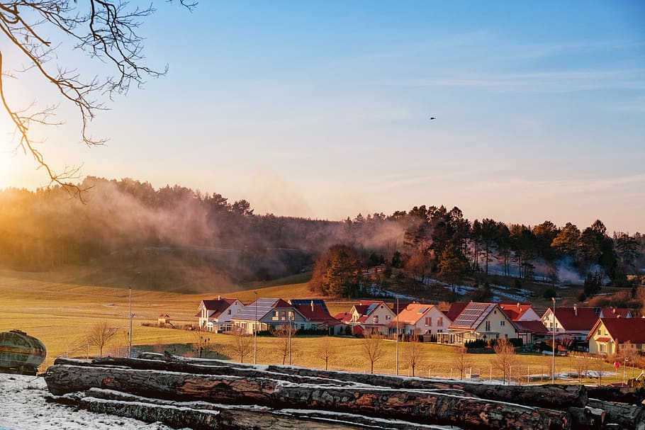 landscape, smoke fire, forest, trees, village, houses, building HD wallpaper