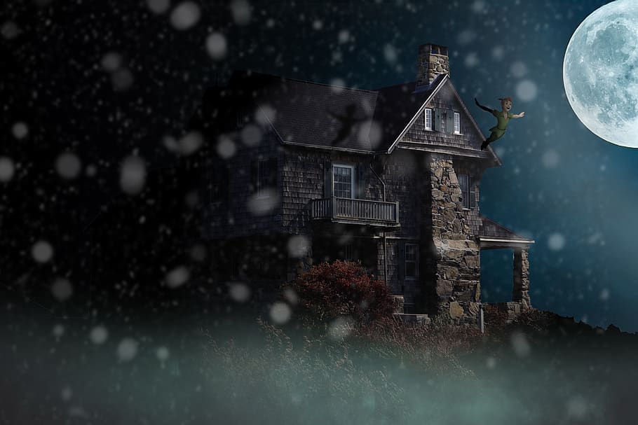 house, night, moon, snow, surreal, darkness, fantasy, evening HD wallpaper