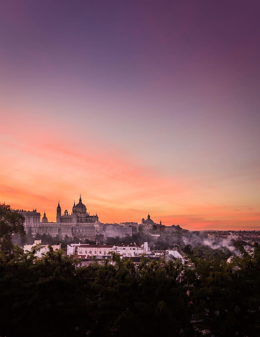 almudena, landscape, dawn, sky, madrid, vertical, monument HD wallpaper