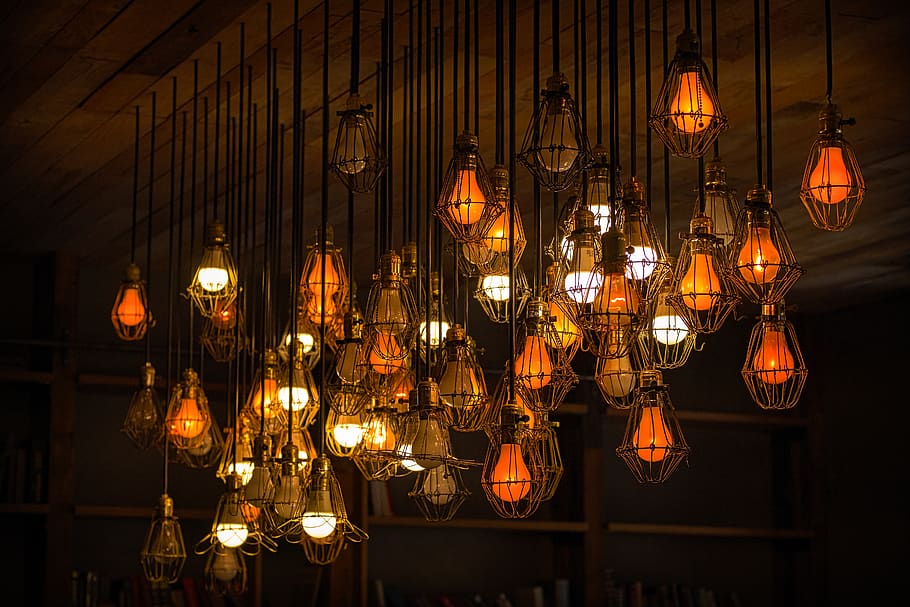 hanging light bulbs lot, lighting equipment, illuminated, indoors HD wallpaper