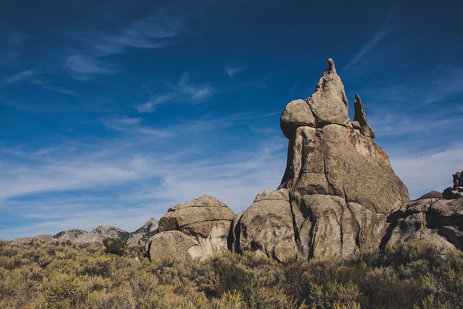 Brown Stone Mountain, bushes, cliff, clouds, daylight, dry, erosion HD wallpaper