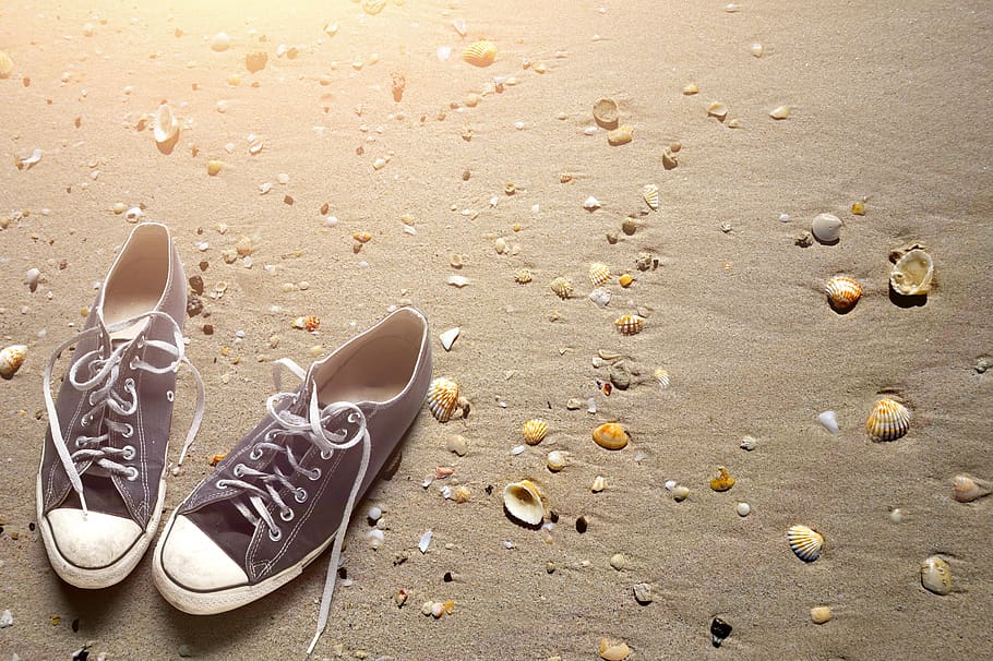 beach, sand, shoes, shells, land, no people, pair, absence HD wallpaper