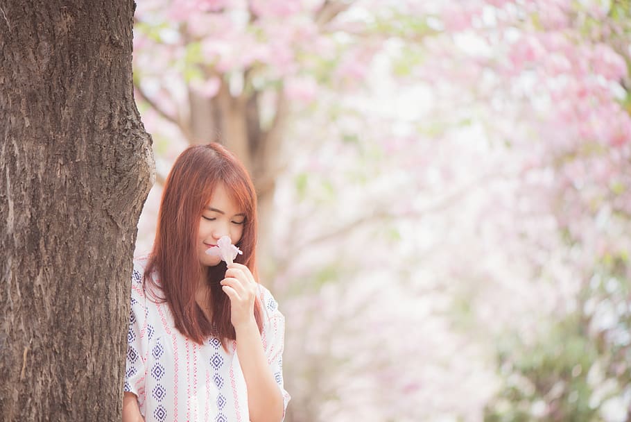nature, trees, trunk, flowers, people, women, lady, girl, millenials HD wallpaper