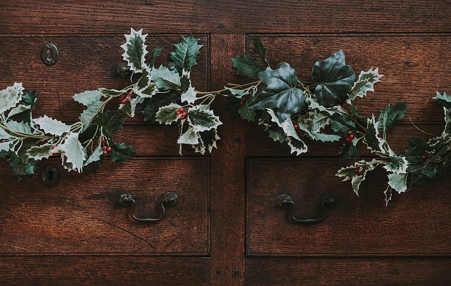 green artificial leaf decorations, wood - material, plant, door HD wallpaper