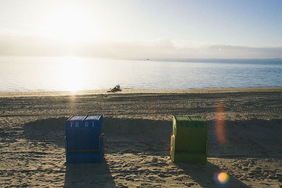 Beach baskets, blue, box, calm, calmness, clouds, europe, fohr HD wallpaper