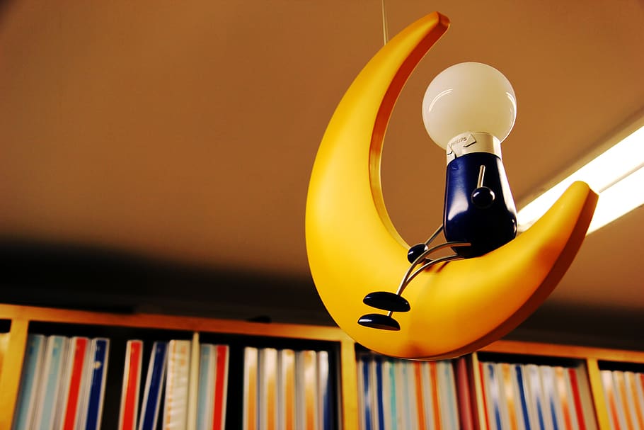 Photo of Yellow Moon Hanging Lamp, art, books, crescent, design HD wallpaper