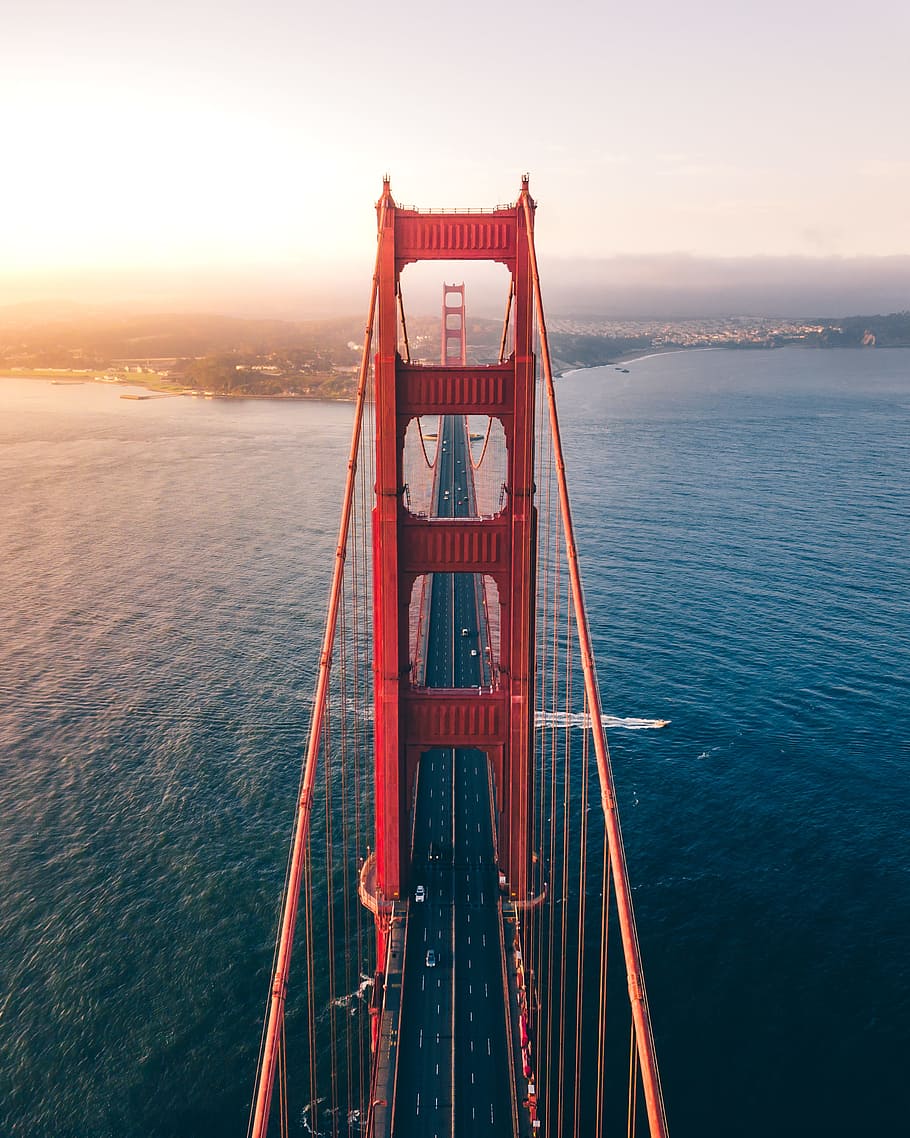 Golden Gate Bridge during daytime, sunset, san francisco, golden hour