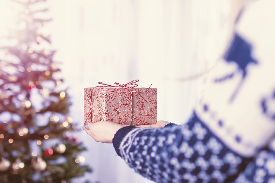 Woman’s hands hold christmas gift box. Merry Christmas, tree HD wallpaper