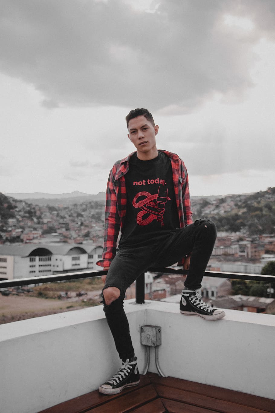 man sits on rail, clothing, apparel, shoe, footwear, human, person HD wallpaper
