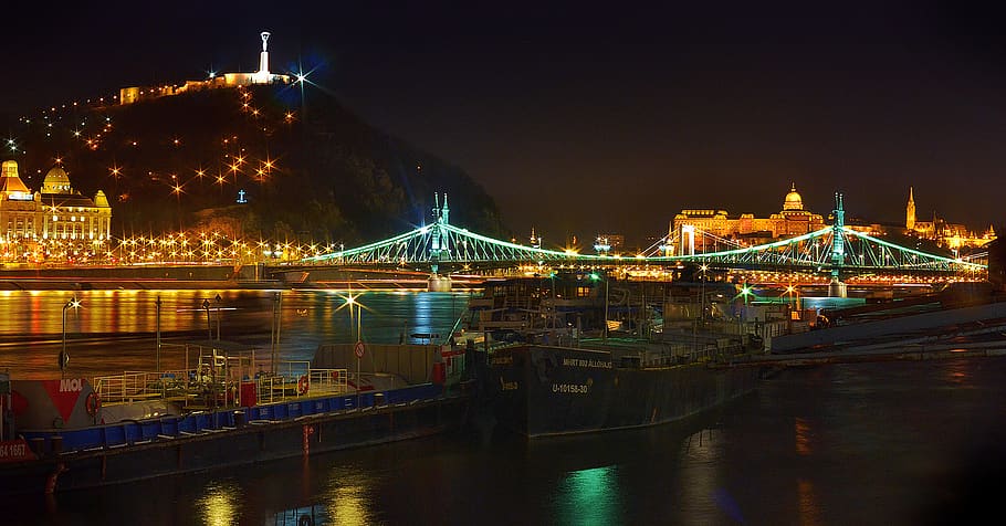 hungary, budapest, bridge, night, capital, lights, built structure HD wallpaper