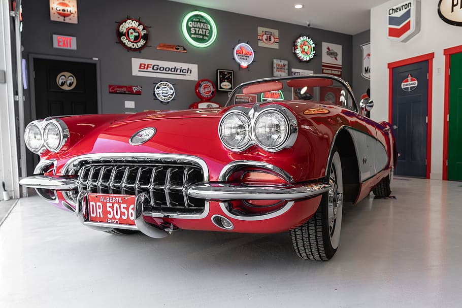 red coupe inside gray garage, mode of transportation, car, land vehicle HD wallpaper