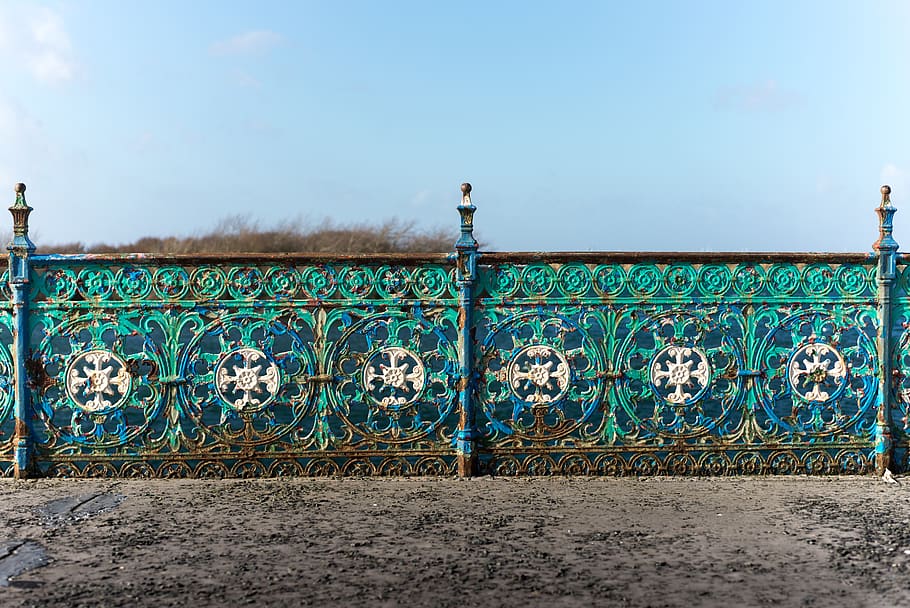 rusty, chipped, railing, background, desktop, seaside, sky HD wallpaper