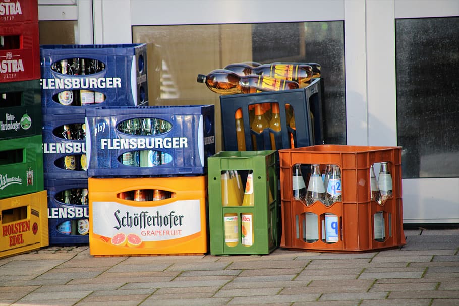 crate, kiosk, beer, box, shelf, drinks, bottles, brand, drinks crate, HD wallpaper