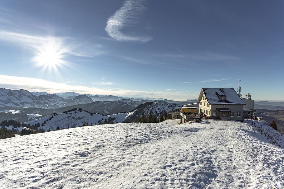 house on snow covered field during day, alp, mountain, restaurant, HD wallpaper