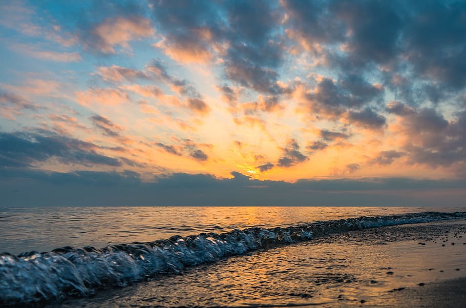 sunset, dusk, sky, clouds, ocean, sea, water, waves, shore HD wallpaper