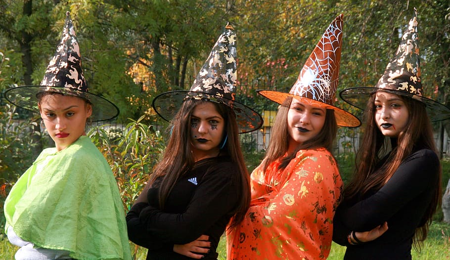 Halloween, witch, ghost, pose, girl, woman, portrait, group of people HD wallpaper