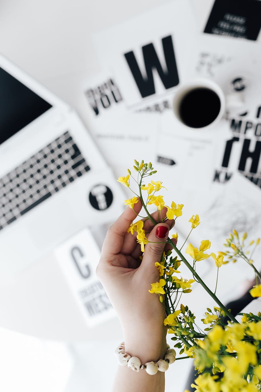 Workspace with yellow flowers, female, minimal, white, workplace HD wallpaper