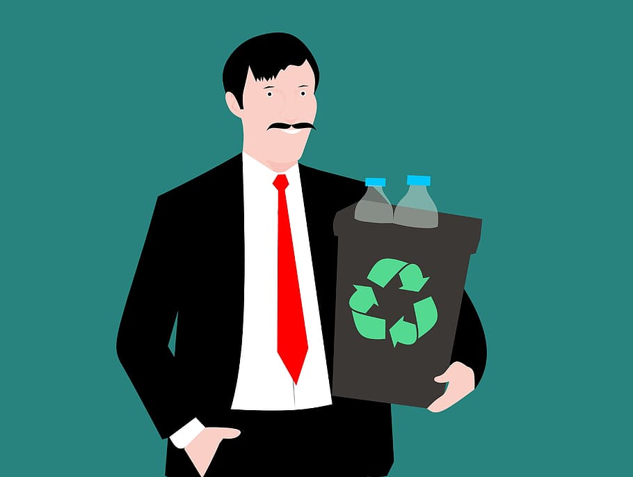 Illustration of recycling - holding a bin, recycle bin, plastic