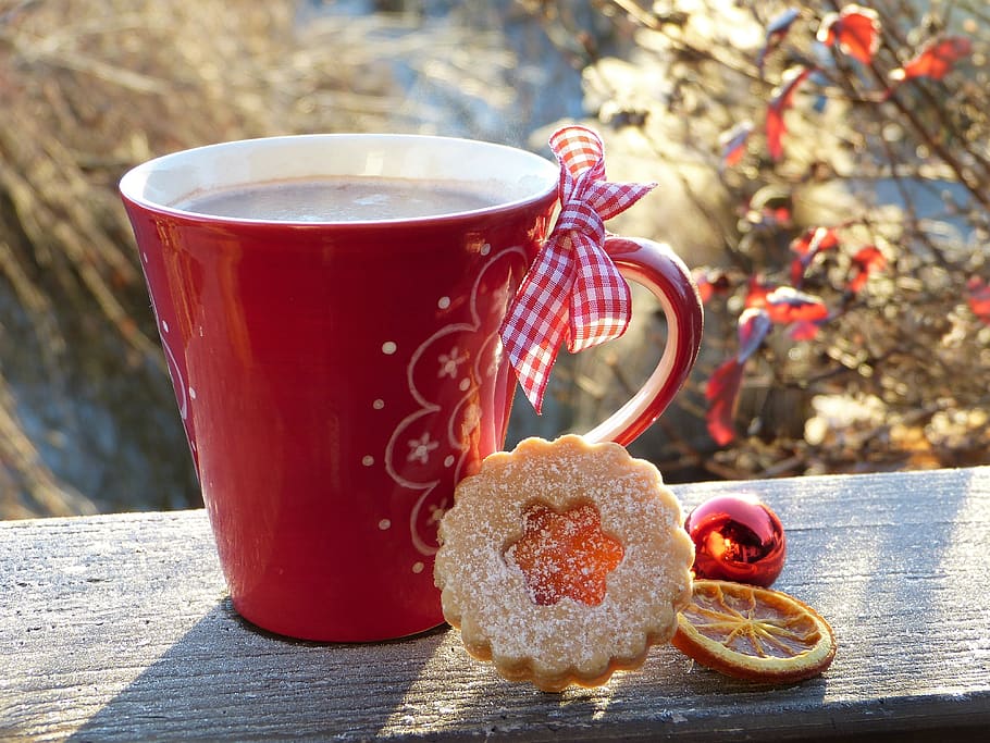 Red Ceramic Mug on Gray Wooden Surface, advent, bake, blur, break