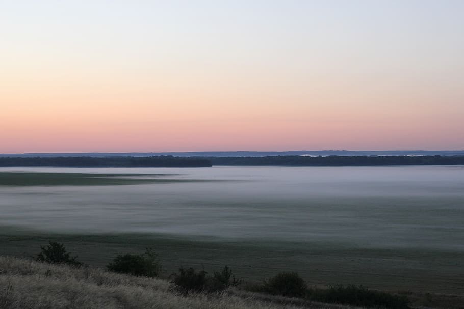 dawn, fog, trees, landscape, sunrise, sky, nature, field, sunset, HD wallpaper