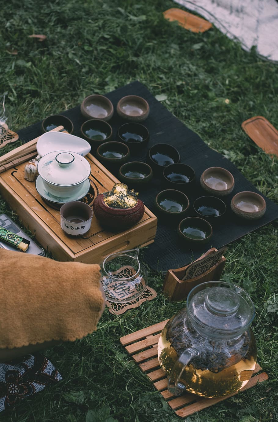 Tea ceremony in the local park, pot, mat, cup, drink, beverage HD wallpaper