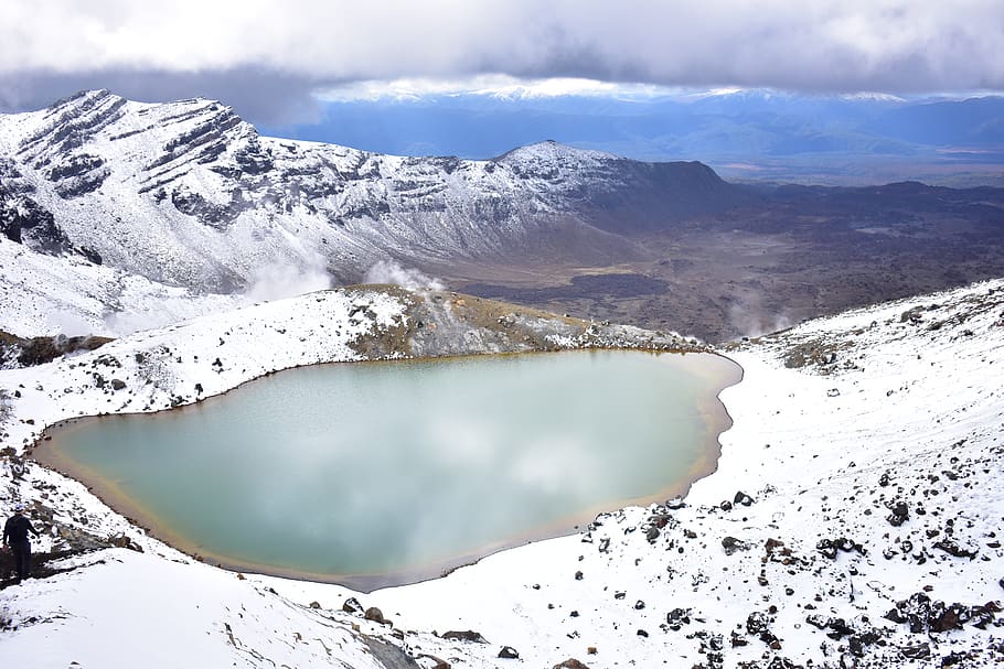 lake surrounded by ice-capped mountain, nature, outdoors, person HD wallpaper