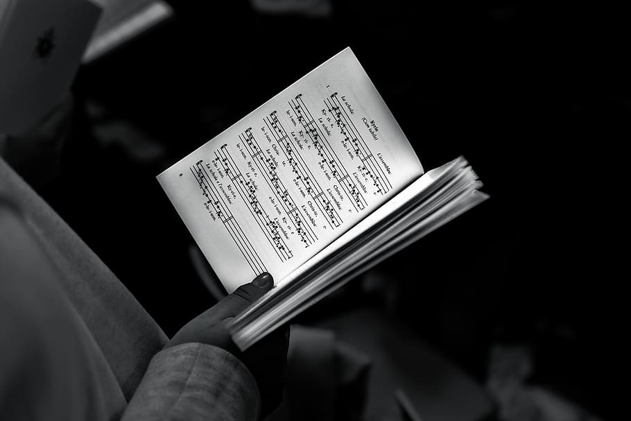 grayscale photography of musical note, text, book, st. peter's basilica, HD wallpaper