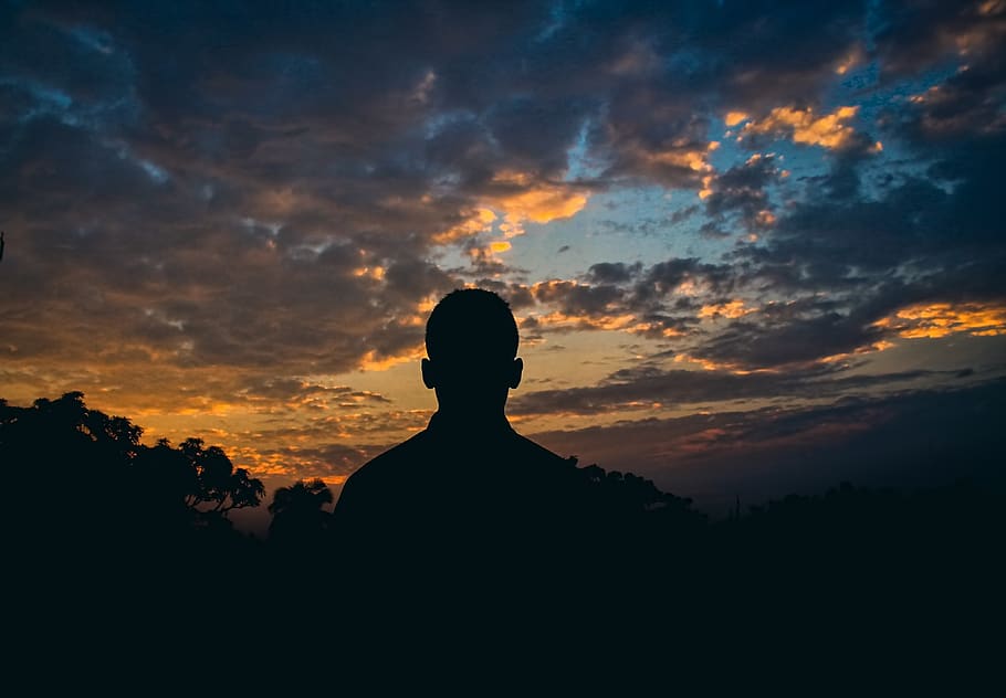 Silhouette Of Man Watching Golden Hour, backlit, clouds, dawn HD wallpaper