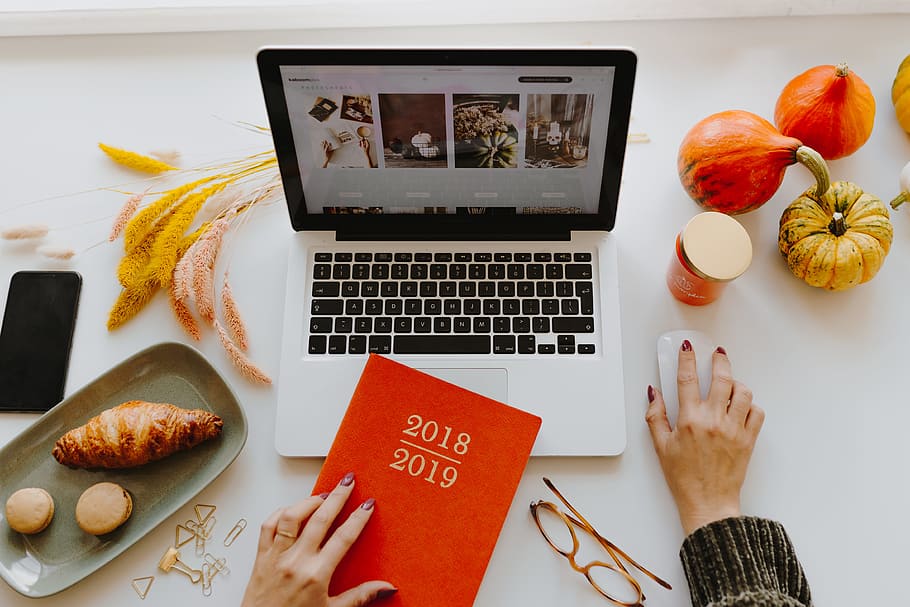 Female desk with orange notebook and pumpkins, laptop, computer HD wallpaper