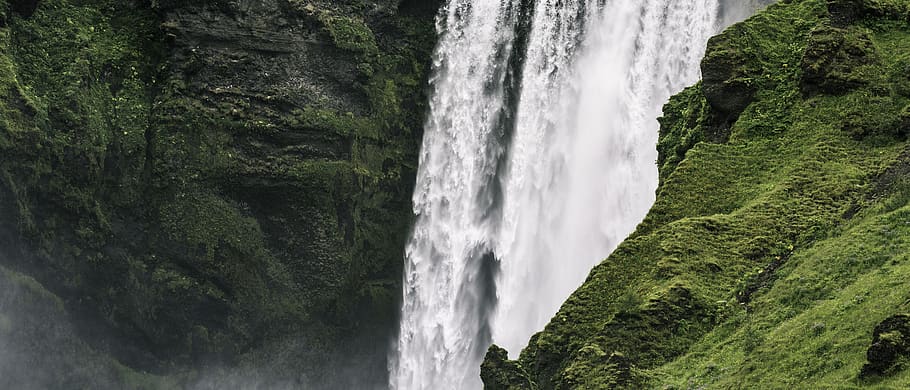 waterfalls scenery, outdoors, cliff, moss, iceland, river, cliffside HD wallpaper