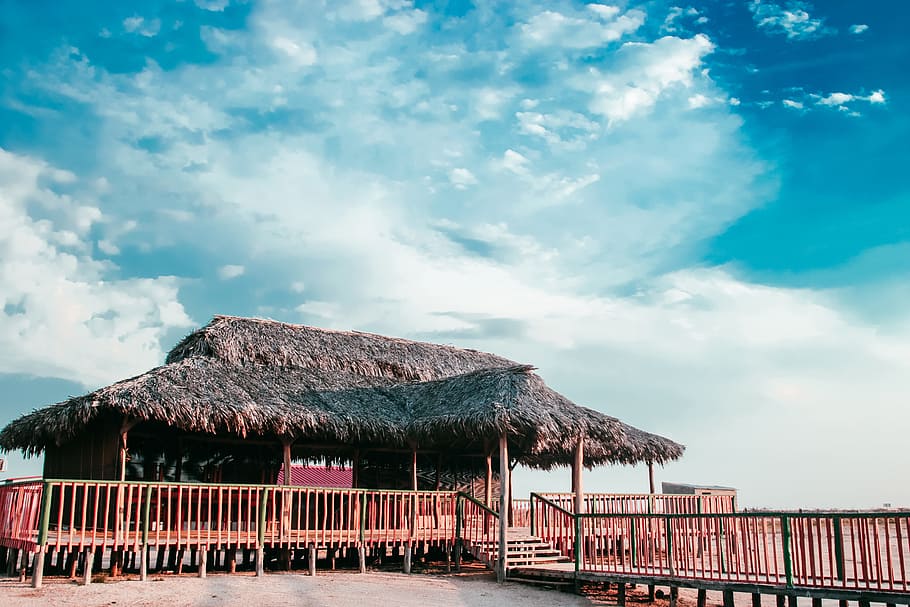 Brown Wooden Cottage Near Beach, blue, clouds, daylight, hut HD wallpaper