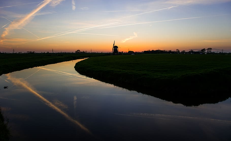 sunset, dusk, dark, sky, windmill, lanscape, water, grass, river HD wallpaper