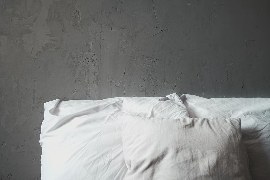 three white pillows, bed, bedding, minimal, grey, interior, design HD wallpaper