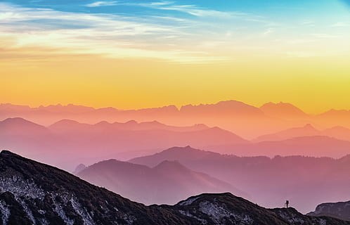mountains, landscape, silhouette, sunset, nature, alpine, clouds HD wallpaper