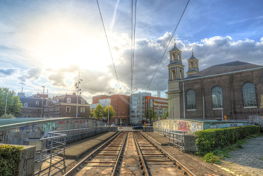 tram, synagoge, hdr, sun, urban, tracks, art, graffiti, built structure HD wallpaper