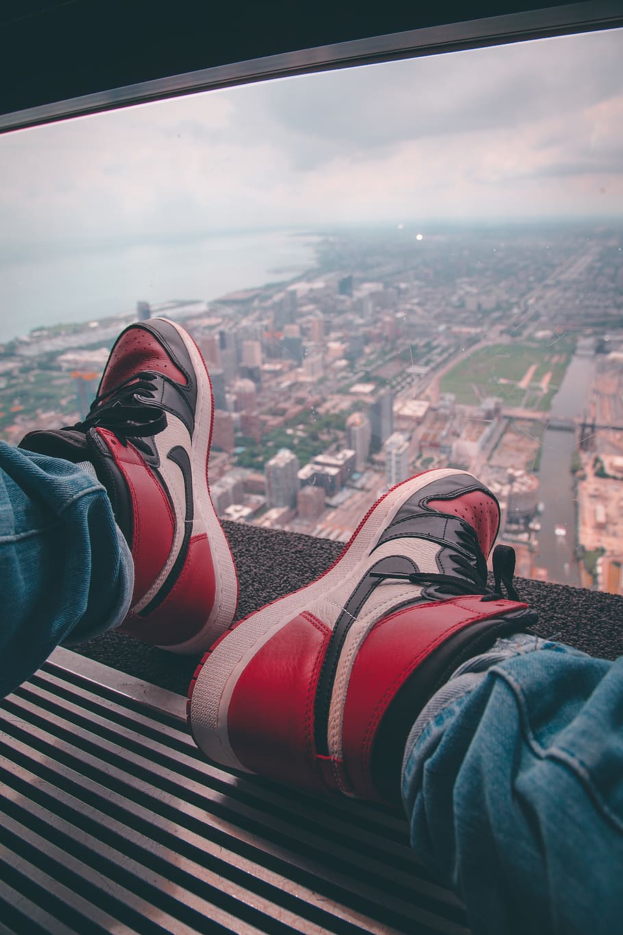 Red-and-black Air Jordan 1's, architecture, buildings, city, close-up
