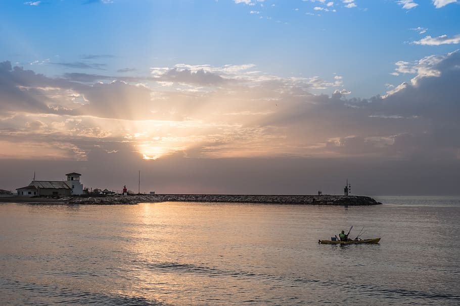 dawn, beach, sea, sky, blue, fishing, kayak, sun, clouds, projection HD wallpaper