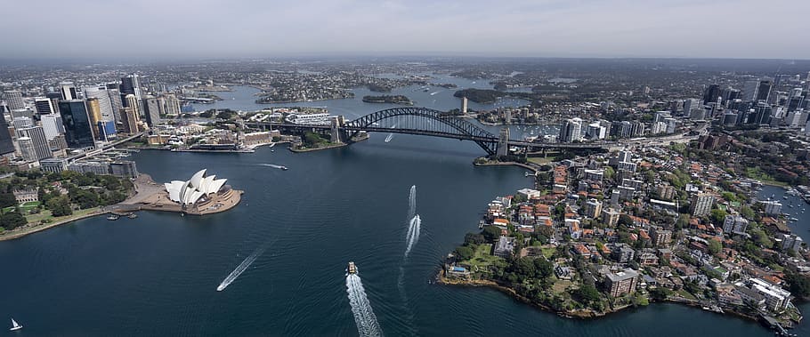 Aerial Overview of Port Jackson, architecture, bay, boats, bridge, HD wallpaper
