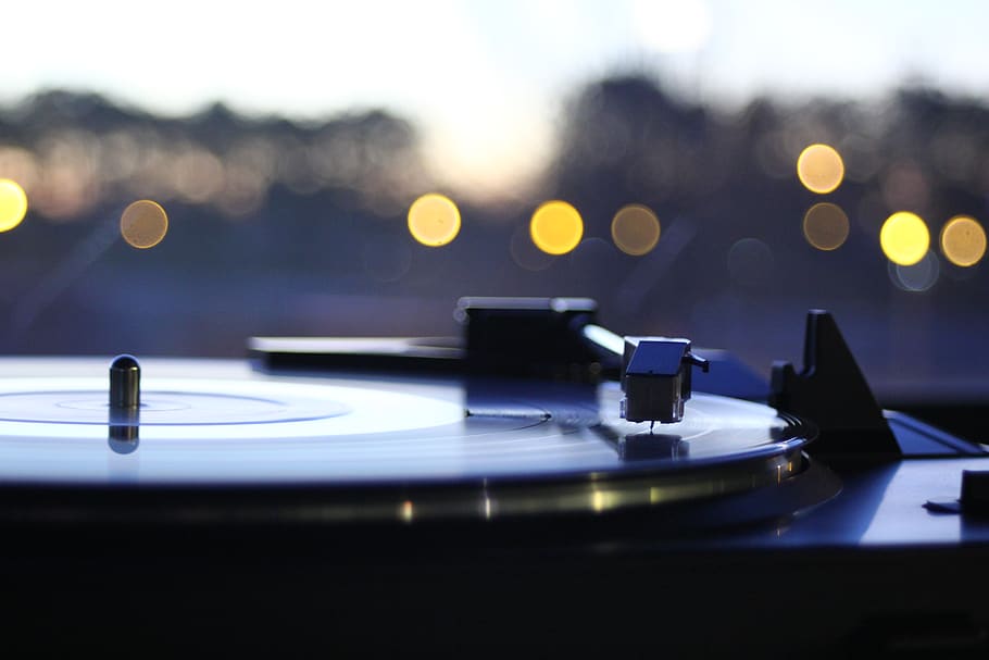 Photo of Vinyl Player, blurred background, close-up, electronics