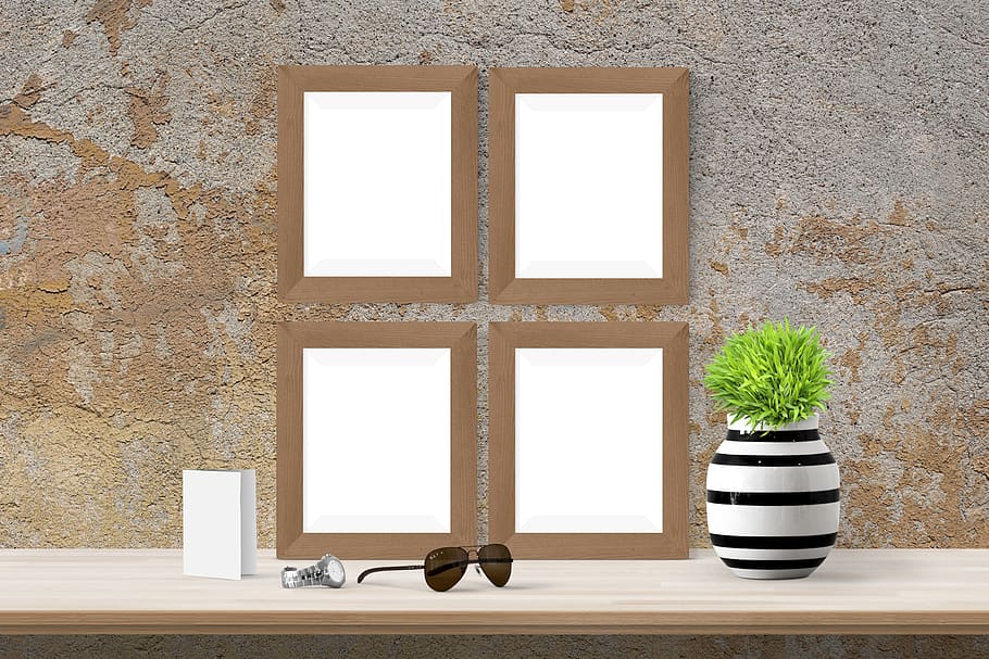 poster, frame, desk, plant, sunglass, potted plant, indoors HD wallpaper