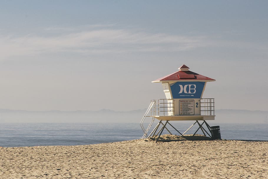sky, ocean, water, beach, sand, lifeguad, lookout, architecture HD wallpaper