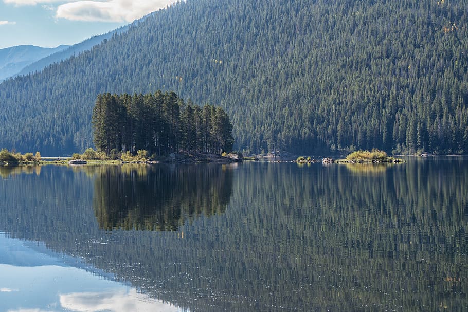 trees, lake, forest, reflection, water, mountains, sunrise HD wallpaper