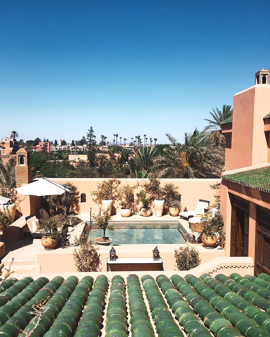 morocco, marrakech, desert, tropical, hotel, vacation, patio, HD wallpaper