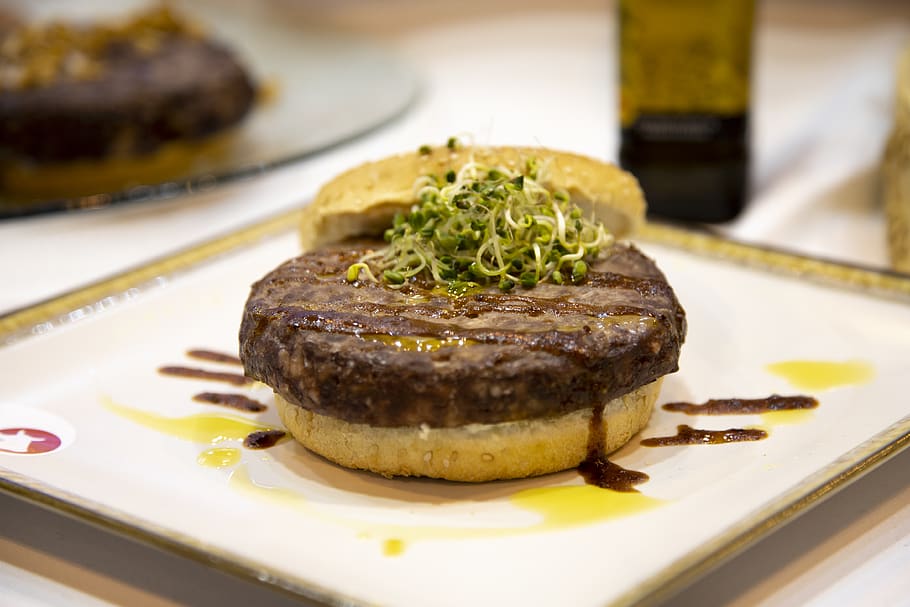 Burger on Plate, beef, blurred background, buns, close-up, delicious HD wallpaper