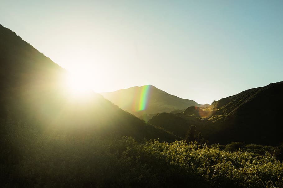 light, flare, sunlight, nature, outdoors, sunrise, hills, explore HD wallpaper