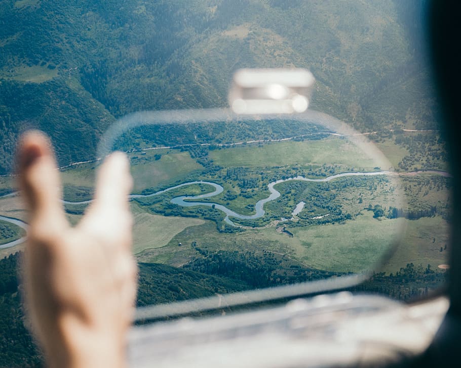 trees, river, water, forest, plane, flight, human hand, mountain HD wallpaper