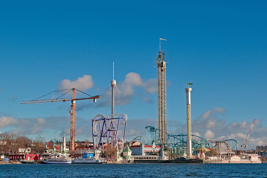 ship on sea, sweden, stockholm, grona lund tivoli, urban, adventure HD wallpaper